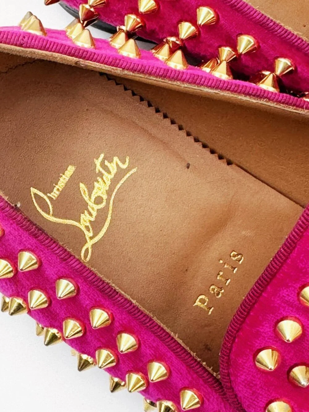 Christian Louboutin pink velvet loafers with gold studs